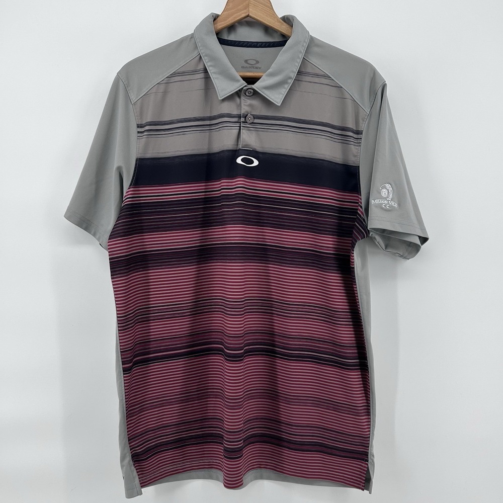 Oakley Hydrolix Polo Shirt‎ Mens L Gray Stripe Golf MVCC Country Club Wicking